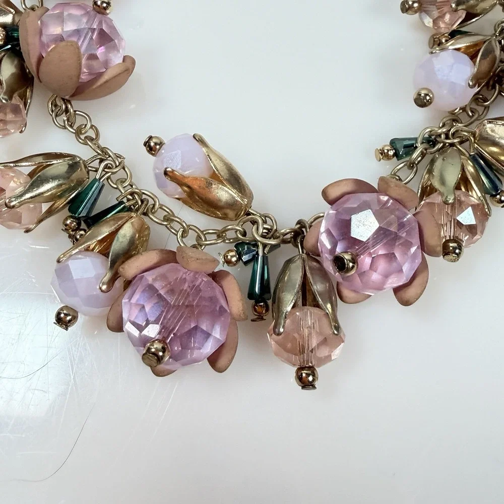 Pink Flower Necklace Glass Dangle Charm Statement Fairycore Adjust 17